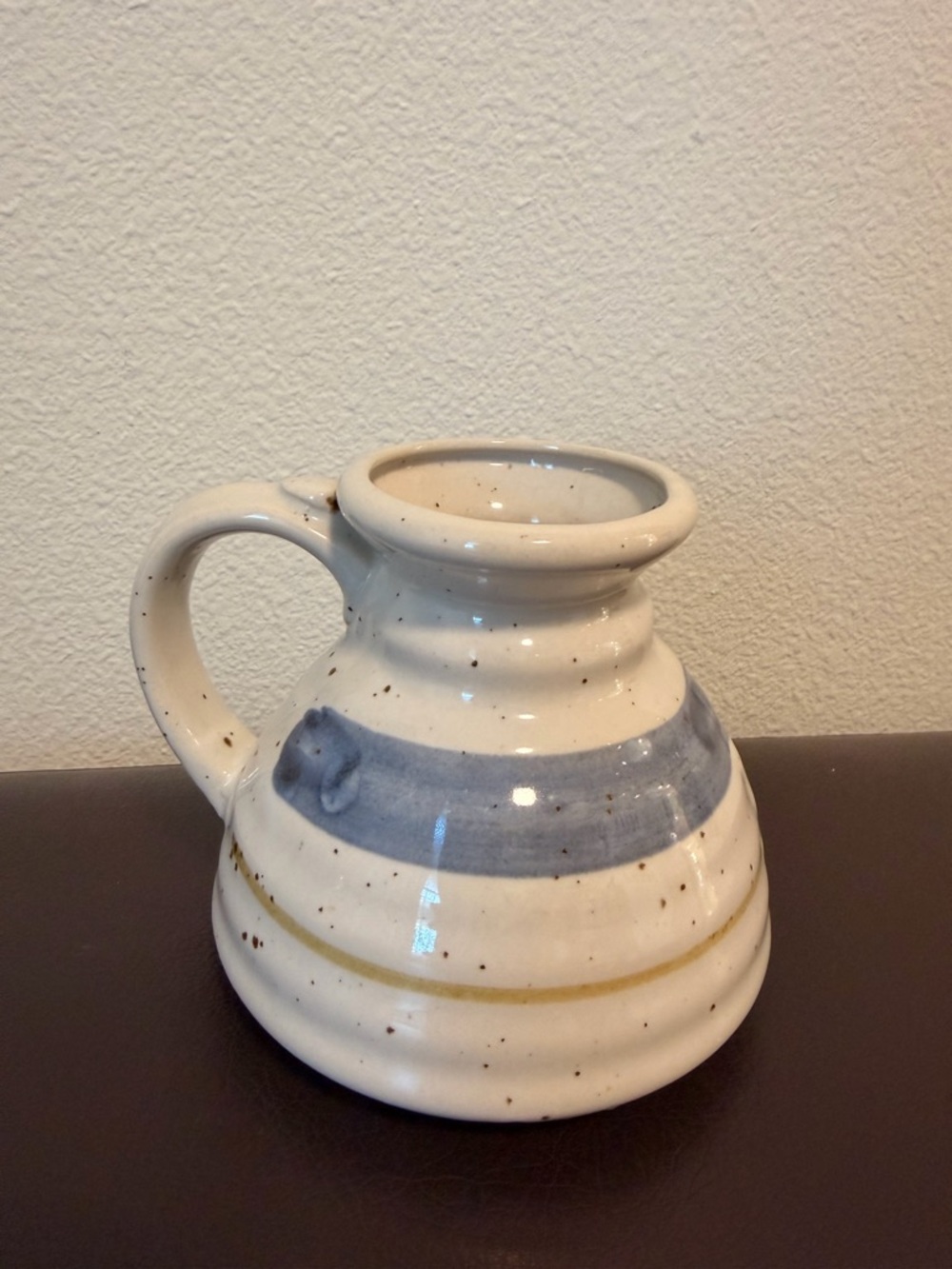 Speckled Ceramic Pitcher Vase in Cream with Blue and Tan Bands